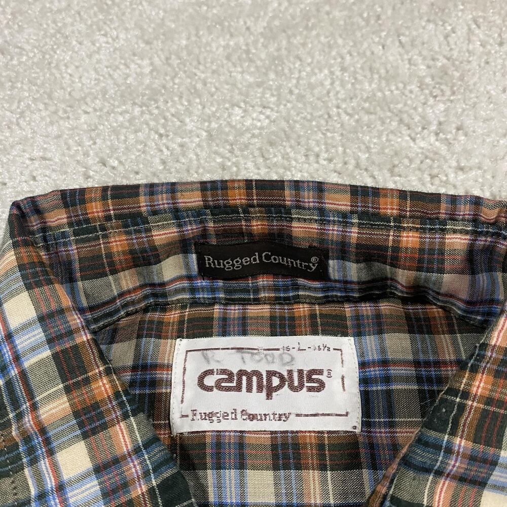 VTG 70s Campus Shirt Mens L Green Brown Plaid Button Up Rugged Country Thin - Picture 2 of 7